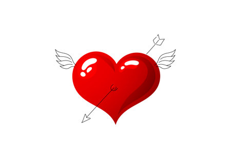 Bright red shiny love heart. Cupid's wings and arrow. Valentine's day symbol. Cute valentine. Characters are created in a linear style with a black line. Combined with brightly colored elementsのイラスト素材