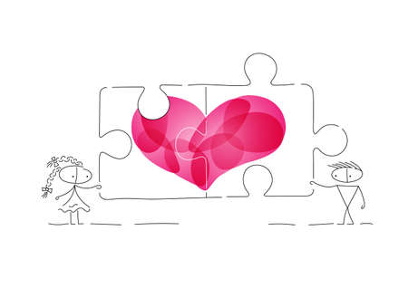 The girl and the guy on Valentine's day collect a puzzle of love with a pink heart. Characters are created in a linear style with a black line. Combined with brightly colored elements.のイラスト素材