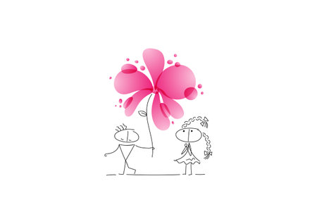 The guy gives his girlfriend a huge beautiful flower on Valentine's Day. Declaration of love. The characters are drawn in a linear style with black lines. Combines with bright elements.のイラスト素材