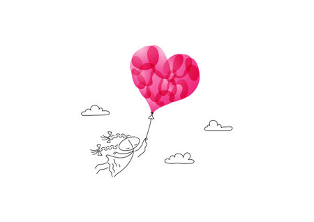 The girl flies on a huge balloon in the form of a heart for Valentine's Day holiday. Love Dream The characters are created in a linear style with black lines. Combined with brightly colored elements.のイラスト素材