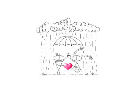 The guy and the girl keep their love from being tested. Heavy rain, umbrella, cloud, pink heart. Characters are created in a linear style with a black line. Combined with brightly colored elementsのイラスト素材