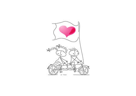A guy and a girl on a tandem bike ride to meet their love and adventure. Flag with the image of heart. Characters are created in linear style with black line. Combined with brightly colored elementsのイラスト素材
