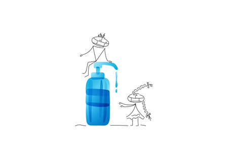 Use a hand sanitizer during the  pandemic. The girl and the guy wash their hands. Characters are created in a linear style with a black line. Combined with brightly colored elementsのイラスト素材