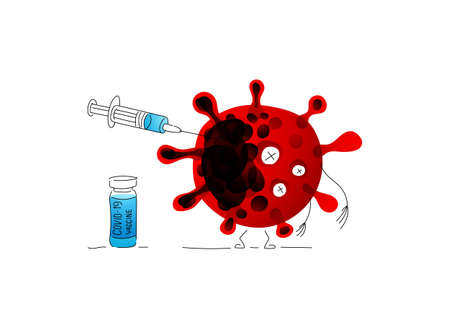 Vaccine   injected with syringe into bacterium of  virus infection. The virus dies. Characters are created in linear style with black line. Combined with brightly colored elementsのイラスト素材
