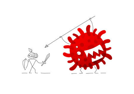A knight with a sword and a shield fights the red bacteria of the co virus infection.  Characters are created in a linear style with a black line. Combined with brightly colored elementsのイラスト素材