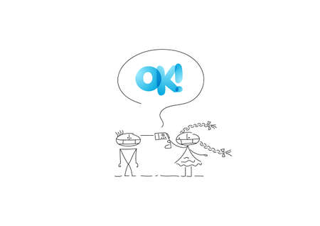 The girl in the mask measures the temperature of the guy in the mask with an electronic thermometer. Characters are created in a linear style with a black line. Combined with brightly colored elementsのイラスト素材
