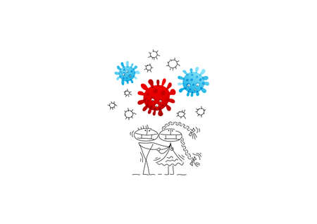 Girl and guy are afraid and trembling. bacteria are flying and hovering around.のイラスト素材