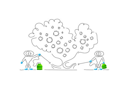 The 2019 Covid virus has swept the world. Planet earth is surrounded by coronavirus bacteria. Characters are created in a linear style with a black line. Combined with brightly colored elementsのイラスト素材