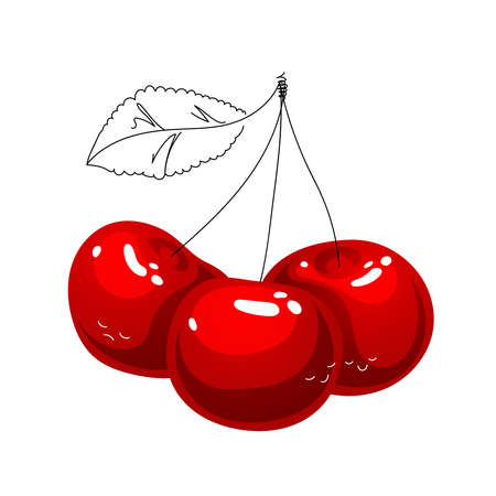 Three bright juicy animated cherries. Two berries love each other, the third is sad. Characters are created in a linear style with a black line. Combined with brightly colored elementsのイラスト素材