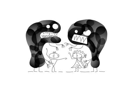 Husband and wife fight and quarrel. Screaming at each other with bad emotions. Black monsters stand behind them. Characters are created in linear style with black line. Combined with colored elementsのイラスト素材