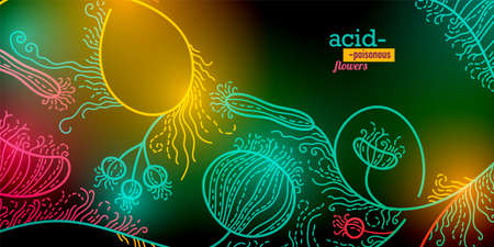 Bright acid colors of flowers in the form of thin lines. Neon glow on a dark background. abstract painting. Suitable for banners, flyers, labels and covers.のイラスト素材