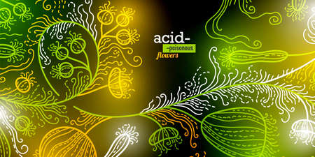 Bright acid colors of flowers in the form of thin lines. Neon glow on a dark background. abstract painting. Suitable for banners, flyers, labels and covers.のイラスト素材