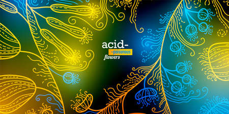 Bright acid colors of flowers in the form of thin lines. Neon glow on a dark background. abstract painting. Suitable for banners, flyers, labels and covers.のイラスト素材