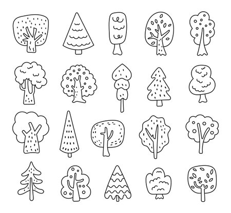 Tree set in outline line art featuring foliage shapes and natural woodland elements for decorative botanical illustration and creative nature inspired design projectsのイラスト素材