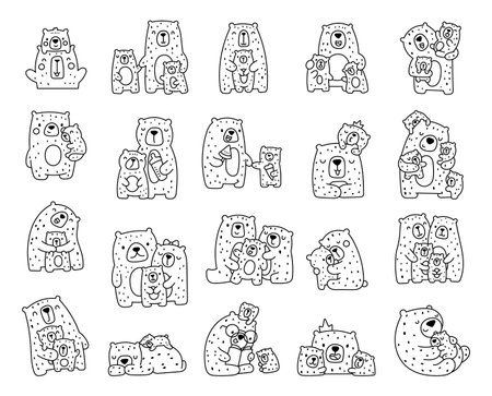 Cute bear family set in outline line art with hugging parents, playful cubs, sleeping moments, sweet food, crowns and reading time, for your illustration and creative designs projectsのイラスト素材