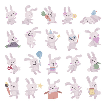 Charming bunny character set in scandinavian style cartoon featuring adorable animal poses with various objects held for your illustration and creative designs projectsのイラスト素材