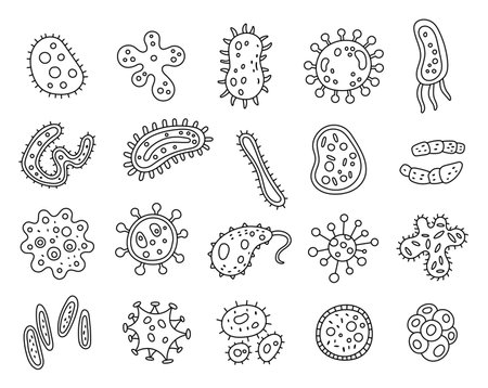 Microscopic organic bacteria form set in outline line art with abstract bacteria shapes for your laboratory science and health themed creative medical illustration and creative designs projectsのイラスト素材