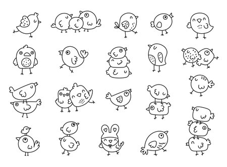 Bird character set in outline line art featuring cute cartoon in various poses, for your cheerful decoration and charming inspired and creative designs projectsのイラスト素材