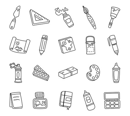 Artistic object set in outline line art with drawing supplies, painting tools, stationery items and graphic materials for your illustration and creative designs projectsのイラスト素材