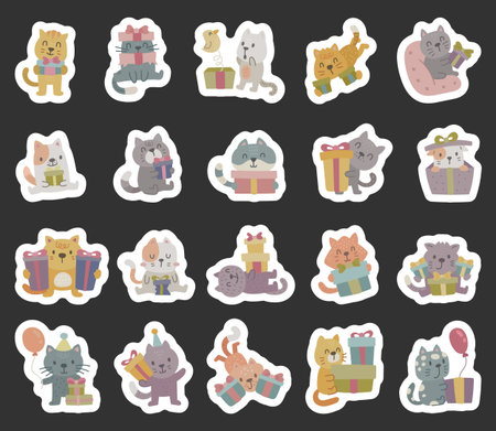 Cat birthday celebration character set in scandinavian style featuring cute kittens with presents, balloons, bows, party hats and various adorable emotional poses for your projectsのイラスト素材