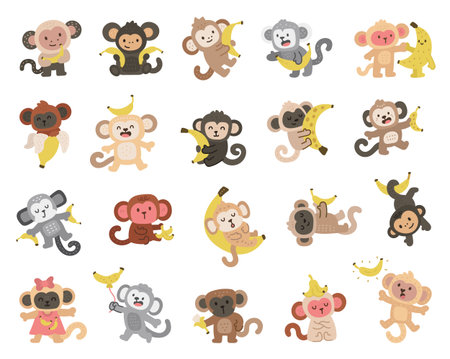 Cute monkey character set in scandinavian style enjoying bananas and showing different emotions while sitting, hugging, smiling, sleeping, eating, and outfits for yours projectsのイラスト素材
