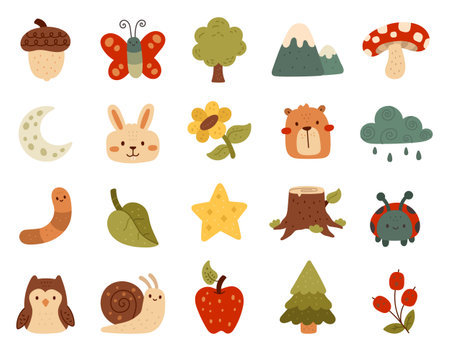 Nature, animal and plant set in scandinavian style with trees, mushroom, insect, bird, leaf, cloud, apple and other perfect for your illustration and creative designs projectsのイラスト素材
