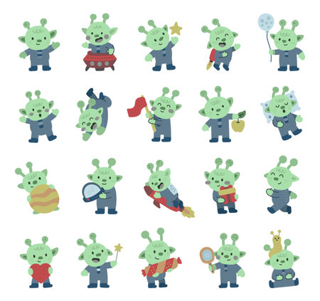 Alien character set in scandinavian style showing cute creatures smiling, flying, sleeping, holding gift, hugging planets and celebrating joyfully for your creative designs projectsのイラスト素材