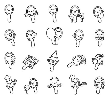 Spoon kawaii character set showing different emotions, kitchenware including baby, family, parent, love, chef hat, food, party hat for your illustration and designs projectsのイラスト素材