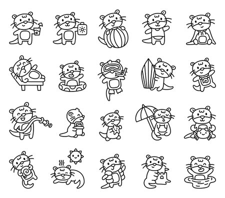 Cheerful otter cartoon character set enjoying fun summer beach adventures with marine accessories, relaxing moments, charming decorations, and adorable emotions in various posesのイラスト素材