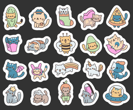 Cat kawaii character set with different costumes smiling lying holding brush, sitting on pillow, in spaceship perfect for your illustration and creative designs projectsのイラスト素材
