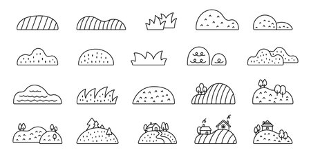 Landscape set in outline line art with hill, field, bushy, grass, forest trees, countryside houses, paths and rural natural decor and for your creative designs projectsのイラスト素材