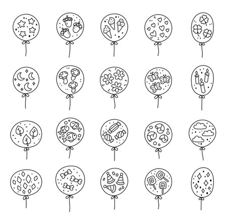 Balloon helium set in outline line art with different shapes with objects inspired by nature, food, sky and holiday perfect for your illustration and creative designs projectsのイラスト素材