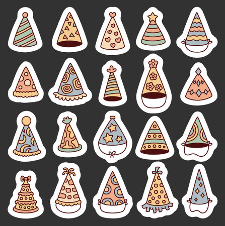 Party hat ornament set created for birthday celebration featuring and various festive shapes perfect for holiday decoration and special event themes, for your illustration and designs projectsのイラスト素材