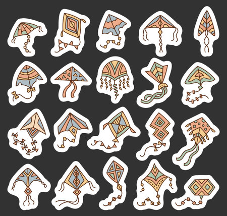 Kite ornament design set including various decorative shapes and long flowing tails perfect for outdoor flying hobby and creative handmade illustration projectsのイラスト素材