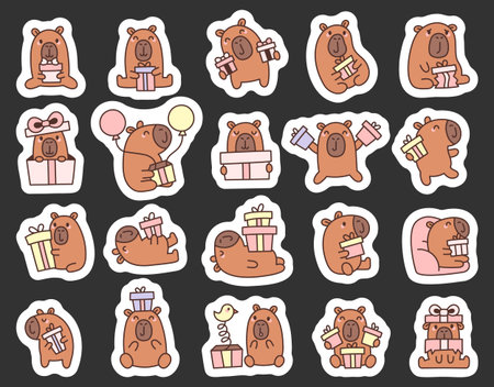 Capybara gift kawaii character set featuring adorable smiling animals sitting or standing while holding presents and balloons perfect for party design decorationのイラスト素材