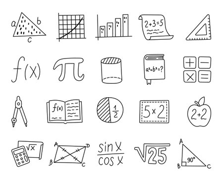 Mathematics set in outline line art designed for educational projects featuring geometric shapes, formulas, graphs, trigonometric, calculator, fractions, textbooks arithmetic signsのイラスト素材