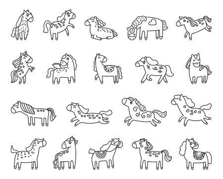 Horse set in outline line art with different poses, cute adorable, friendly character cartoon animal and perfect for your illustration and creative designs projectsのイラスト素材