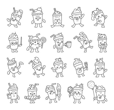 Milkshake character set in outline line art with different poses, emotions, holding heart, gift, balloon, microphone, book, candy, paintbrush, mirror, mug, leaf, lollipopのイラスト素材