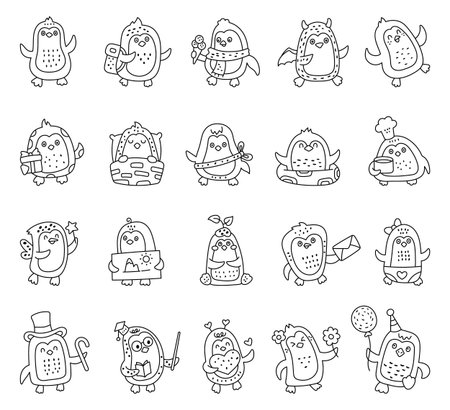 Penguin character set in outline line art featuring charming holiday costumes with balloon, gift, flower and seasonal festive accessories for your creative design projectsのイラスト素材