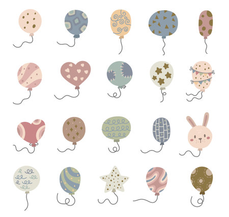 Balloon birthday party design set for creating charming scandinavian style decorations with floating cartoon shapes and festive strings for yours illustration and creative celebration projectsのイラスト素材