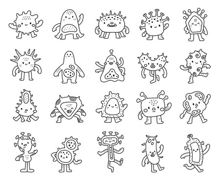 Bacteria microbe character set in outline line art with cute smiling face happy friendly germs organic cartoon body for educational or science design projectsのイラスト素材