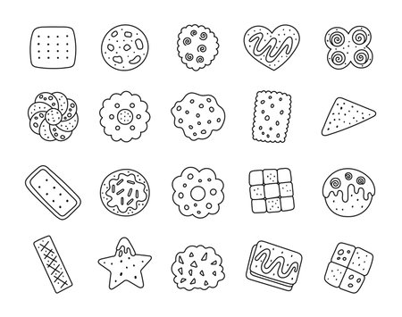 Cookie snack set in outline line art featuring various pastry shapes perfect for kitchen baking dessert food and breakfast for your illustration and creative design projectsのイラスト素材