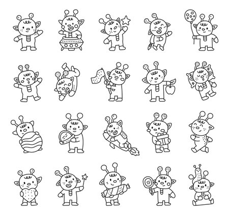 Alien character set in outline line art showing cute creatures smiling, flying, sleeping, holding gift, hugging planets and celebrating joyfully for your creative designs projectsのイラスト素材