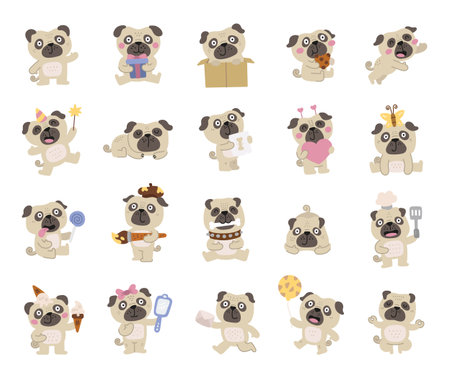 Pug character set in scandinavian style showing many funny emotions and different poses including birthday celebration, valentine, cooking, sleeping, eating, yoga and activitiesのイラスト素材