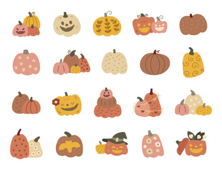 Pumpkin halloween vegetable set in scandinavian style with seasonal decorations and festive gourds perfect for your illustration, autumn celebration holiday event food designs projectsのイラスト素材