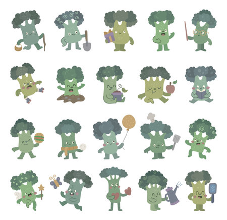 Broccoli character set in scandinavian style showing charming poses with basket, chef hat, balloon, scarf, magic wand, roller skates, heart, apple, book, burger, and watering can for your projectsのイラスト素材