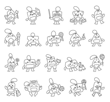 Discount tag character set in outline line art featuring fairy holding magic wand, pointer, money, paintbrush, mirror, flower, apple, balloon, lollipop for your projectsのイラスト素材