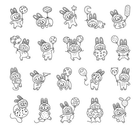 Monster balloon character set in outline line art showing cute with different emotions holding various objects during fun celebration party events for your designs projectsのイラスト素材