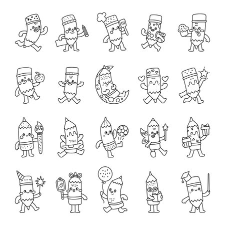 Pencil character set in outline line art showing different emotions while holding various objects and performing activities like studying. cooking reading celebrating, learning, drawingのイラスト素材