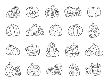 Pumpkin halloween vegetable set in outline line art with seasonal decorations and festive gourds perfect for your illustration, autumn celebration holiday event food designs projectsのイラスト素材